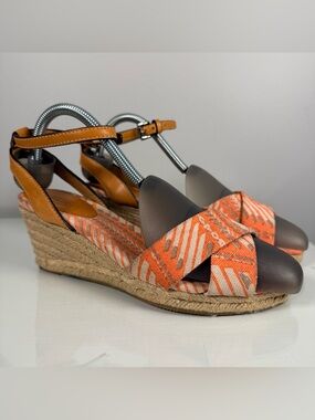 Coach Espadrille Wedge Sandals 7.5 Coral Tan Canvas Jute Ankle Buckle Open Toe